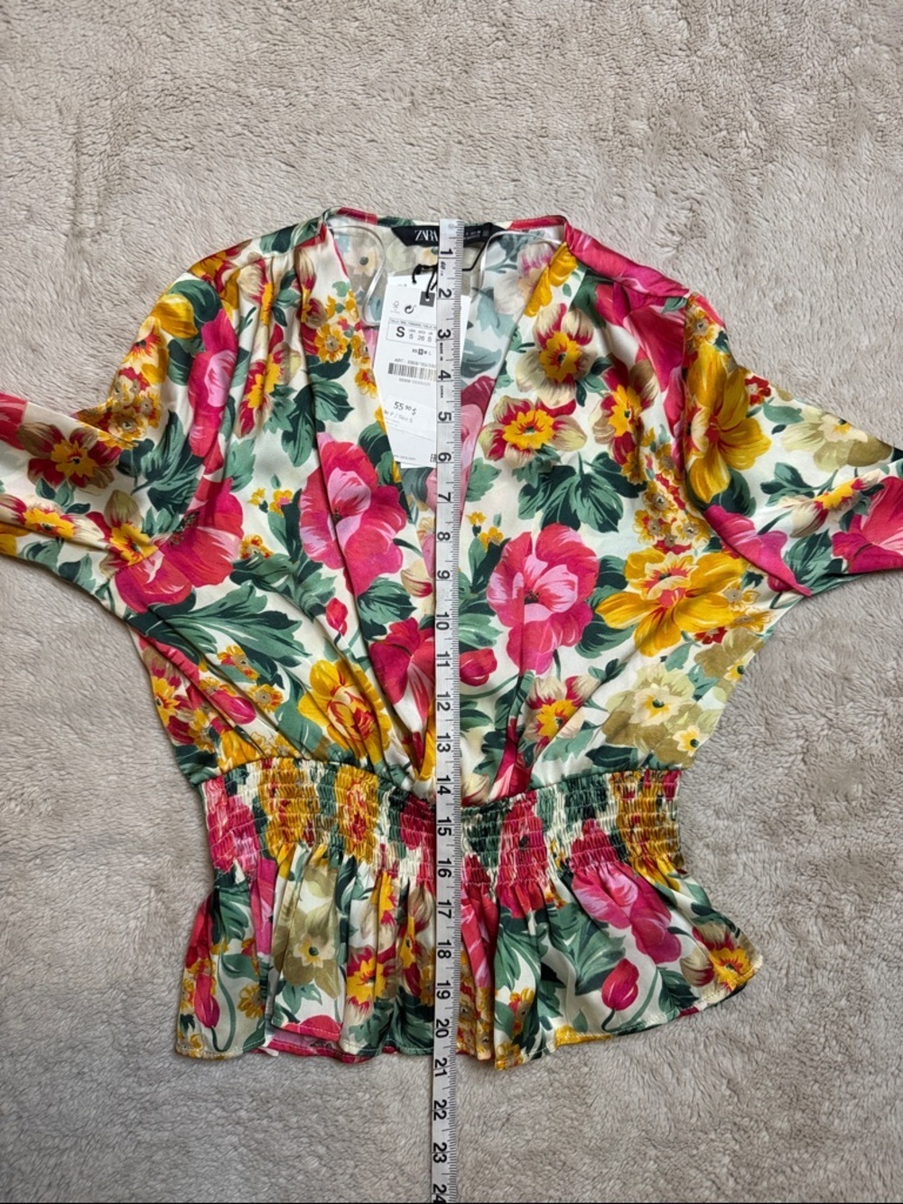 NWT Zara Pink, Yellow & Cream Floral Smocked Waist V-Neck Blouse sz S - Picture 4 of 5